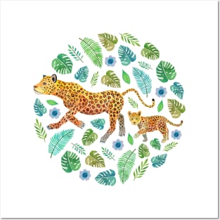 Jaguar and Cub (with botanicals) Posters and Art